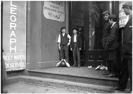 Bowling Alley boys. Many of these work until late at night. New Haven, Conn, March 1909
