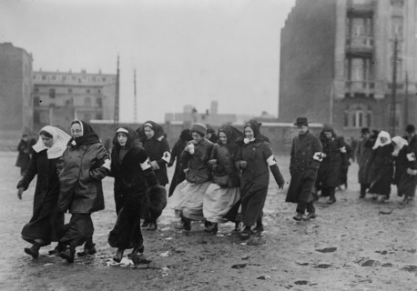 Russian nurses walking across a plaza on their way to a funeral during World War I ca. 1914-1915