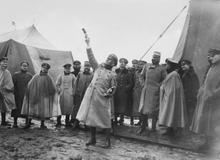 German officer showing soldiers how to use flares (light balls) in Suwalki, Poland during World War I ca. 1914-1915
