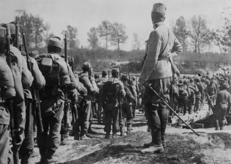 Austrian soldiers probably crossing the Wislok River in Galicia (Poland) during World War I ca. 1914-1915