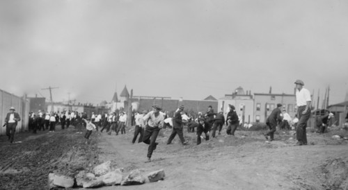 Strikers stoning guards, Bayonne Oil Workers strike ca. 1915-1916