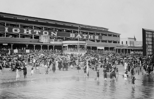 Bathing at Brighton Beach, Brighton Baths in the background ca. 1910-1915