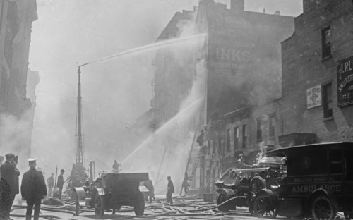 A 'Bellevue Hospital' ambulance at scene of the Rogers Ink Works fire (Rodgers Ink Works fire) ca. May 5, 1915