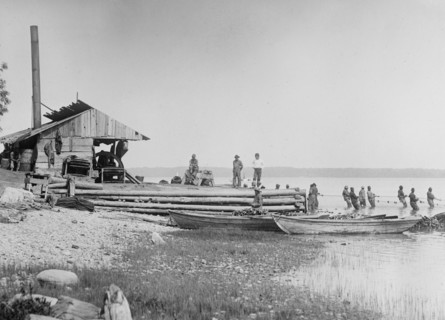 African American fishermen with net, standing in water near building ca. 1910-1915