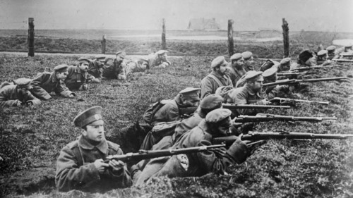 Russian soldiers with guns in trenches during World War I ca. 1915