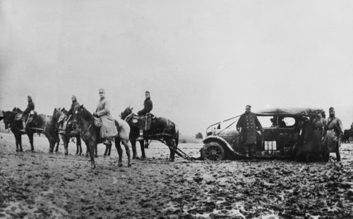 Horses pulling an Austrian army car during World War I ca. 1915