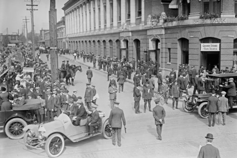 Baseball fans outside Shibe Park in Philadelphia ca. October 9, 1914