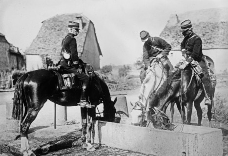 French officers watering their horses during World War I ca. 1914-1915