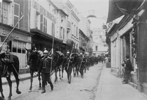 French Dragoon Lancer soldiers in the streets at the beginnng of World War I ca. 1914-1915