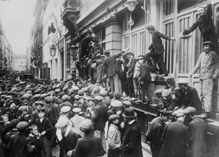 Newsboys waiting for news during the beginning of World War I, Paris, France ca. 1914-1915