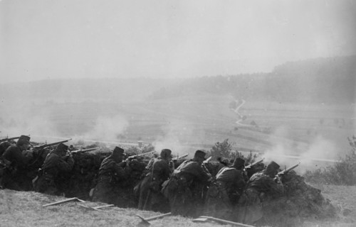 French soldiers firing from a trench at the beginning of World War I ca. 1914-1915