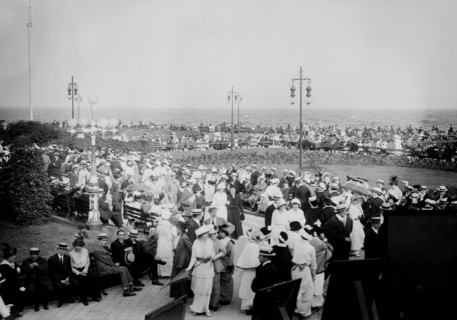 People on Brighton Beach enjoying a day in the sun, Brooklyn, New York ca. 1910-1915