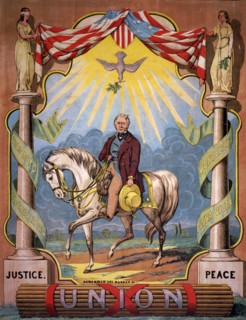 Zachary Taylor Campaign Print - An extremely large, color campaign poster for Democratic nominee Zachary Taylor. The victorious Mexican War general is shown mounted on a white charger. ca. 1848