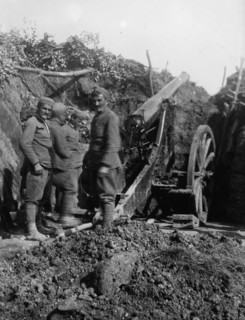 Montenegrian soldiers in a trench with artillery ca. 1910-1915