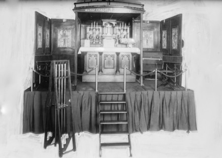 A vehicle called the Motor Chapel (a mobile chapel) used for worship services ca. 1910-1915