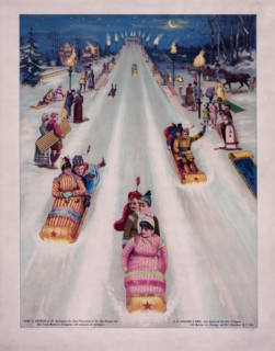 Advertisement for Star toboggans, showing people sledding at night ca. 1877