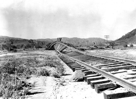 St. Francis Dam Flood on March 12-13, 1928. The flood-twisted railroad track pictured is between Castic Junction and Piru, California taken on March 18th, 1928