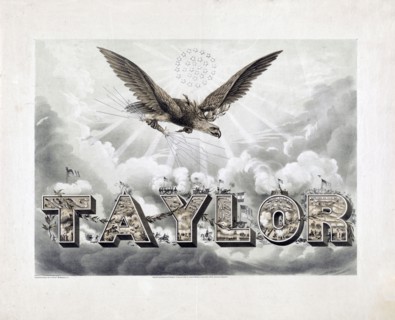 Zachary Taylor Campaign Print - A campaign print, grandiose in design and imagery, for Whig presidential candidate Zachary Taylor. A corona of thirty stars appears in a burst of light. Emanating strea...