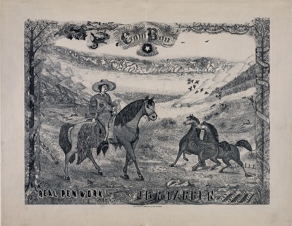 Cowboy print real penwork, by J.R. McFarren ca. 1886 - Pen Artist from Gainesville, Texas