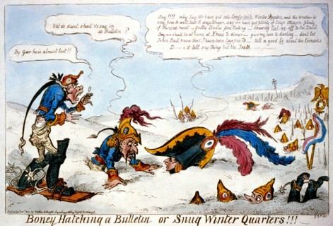 Boney hatching a bulletin or snug winter quarters!!! ca. 1812 - Artist: George Cruikshank