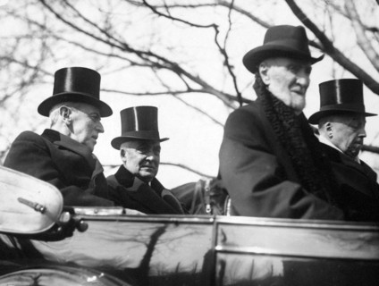 Woodrow Wilson, Warren G. Harding, Philander Knox, and Joseph Cannon, in convertible, March 4, 1921