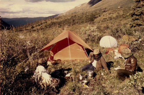July 1972 - Camping - Brooks Range Alaska - Mosquito Camp - campers wearing protective head gear.