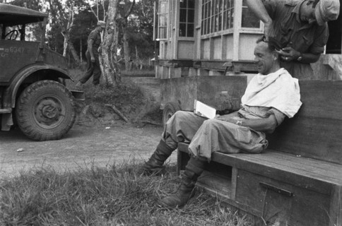 Dutch officer receiving a haircut in Dutch East Indies, Indonesia ca. 1948