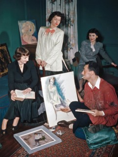 Among a group of 1940s women, an artist painting a woman in his studio ca. 1948