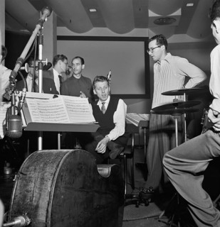 Portrait of Stan Kenton, Pete Rugolo, and Harry Forbes, Capitol studio, ca. Jan. 1947