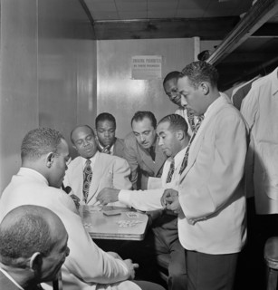 Portrait of Al Sears, Shelton Hemphill, Junior Raglin, Django Reinhardt, Lawrence Brown, Harry Carney, and Johnny Hodges, Aquarium, New York, N.Y., ca. Nov. 1946