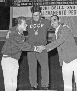 1960 Olympics - Weighlifters Isaac Berger, Yevgeny Minayev, Sebastiano Mannironi