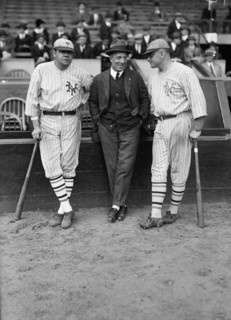 Babe Ruth & Jack Bentley in Giants uniforms for exhibition game; Jack Dunn in middle ca. October 1923