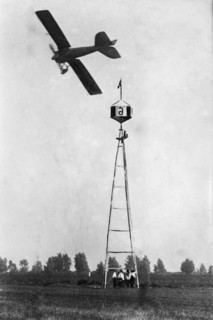 French aviator Jules Vedrines turning the pylon in the James Gordon Bennett Cup Race, Chicago, Illinois ca. September 9, 1912