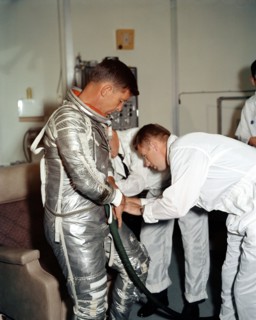 Astronaut Walter Schirra during suiting-up exercise prior to MA-8 flight