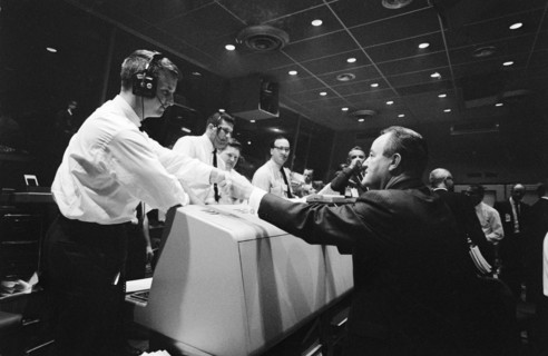 (23 March 1965) Vice President Hubert H. Humphrey (right) during visit to the Misson Control Center at Cape Kennedy during the Gemini-3 mission.