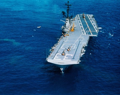 Aerial view of the U.S.S. Kearsarge, recovery ship for the Mercury-Atlas 8 mission.