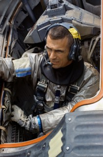 (9 April 1966) Astronaut Eugene A. Cernan, prime crew pilot of the National Aeronautics and Space Administration's Gemini-9 spaceflight, sits in Gemini Boiler-plate during water egress training activi...