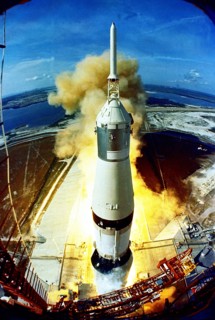 (16 July 1969) The huge, 363-feet tall Apollo 11 (Spacecraft 107Lunar Module SSaturn 506) space vehicle is launched from Pad A