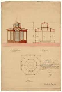 Architectural drawing showing elevation, cross section, and plan for a hirondellier militair, a military aviary for swallows used as messenger birds ca 1889