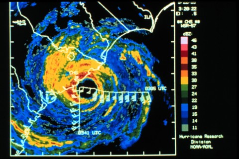 Digitized Charleston WSR-57 radar image of Hurricane Hugo with superimposed winds ca. 1989