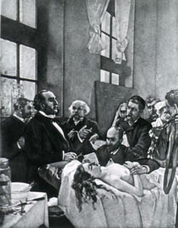 Dr. Pe´an and his surgery class before the operation ca. 1889