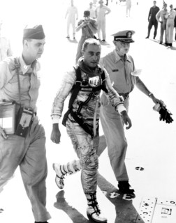 Astronaut Grissom arrives aboard the U.S.S. Randolph after the MR-4 flight