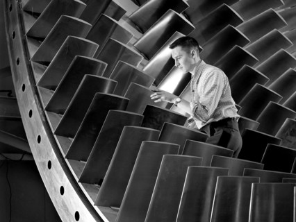 NACA Engineer Examines Wind Tunnel Compressor Blades ca. 1955