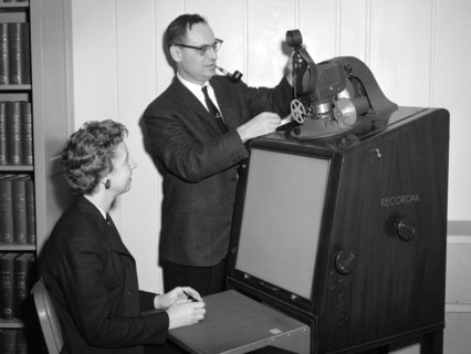 Library Staff operate a Microfilm Reader at the Lewis Research Center ca. 1961