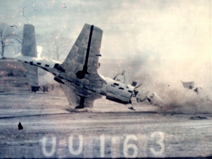 Researchers at the National Advisory Committee for Aeronautics (NACA) Lewis Flight Propulsion Laboratory purposely wreck a McDonnell FH-1 Phantom as part of the laboratory’s Crash Fire Program. ca. 19...