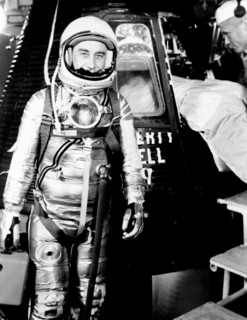 Astronaut Grissom on level 3 in front of Liberty Bell 7 capsule
