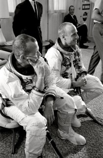 (19 Aug. 1965) Astronauts Charles Conrad Jr. (right) and L. Gordon Cooper Jr. are pictured during suiting up operations before Gemini-5 spaceflight.