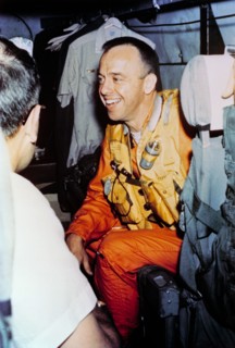 1961 - Astronaut Alan Shepard onboard helicopter after recovery of Mercury capsule