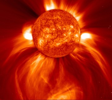 This LASCO C2 image, taken 8 January 2002, shows a widely spreading coronal mass ejection (CME) as it blasts more than a billion tons of matter out into space at millions of kilometers per hour