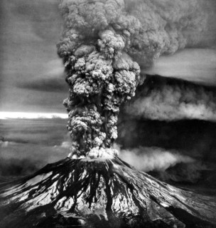 An iconic aerial view of the eruption of Mount St. Helens. Skamania County, Washington. May 18, 1980.
